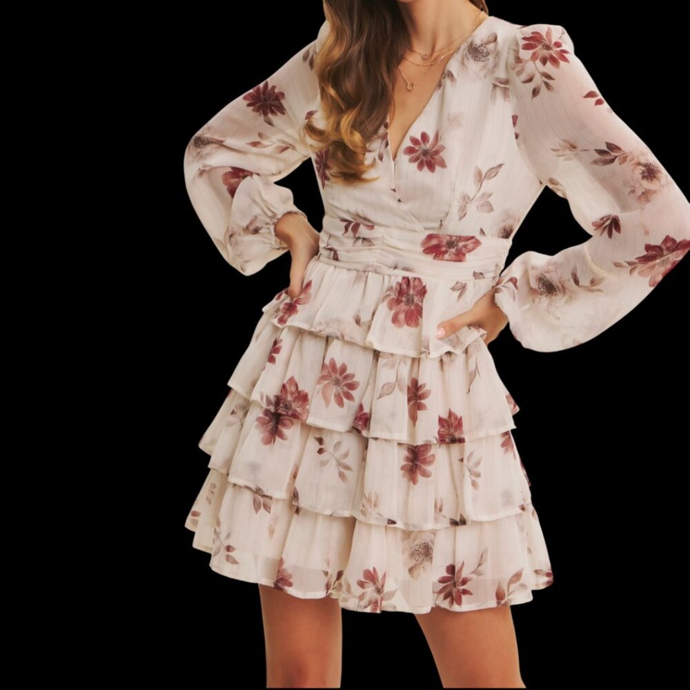 Romance Charm Lurex Floral Tiered Mini Dress